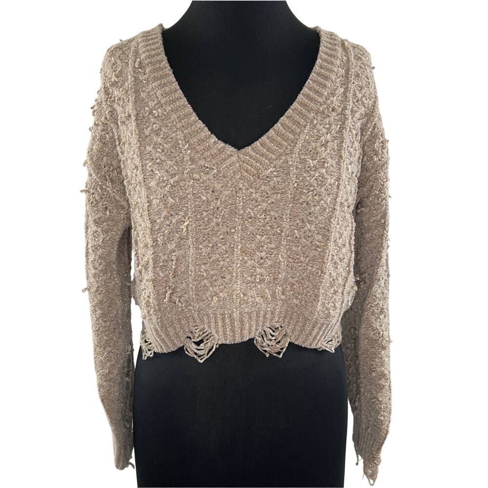 The Impeccable Pig Tan V-Neck Distressed Long Sleeve Women Crop Knit Sweater S
